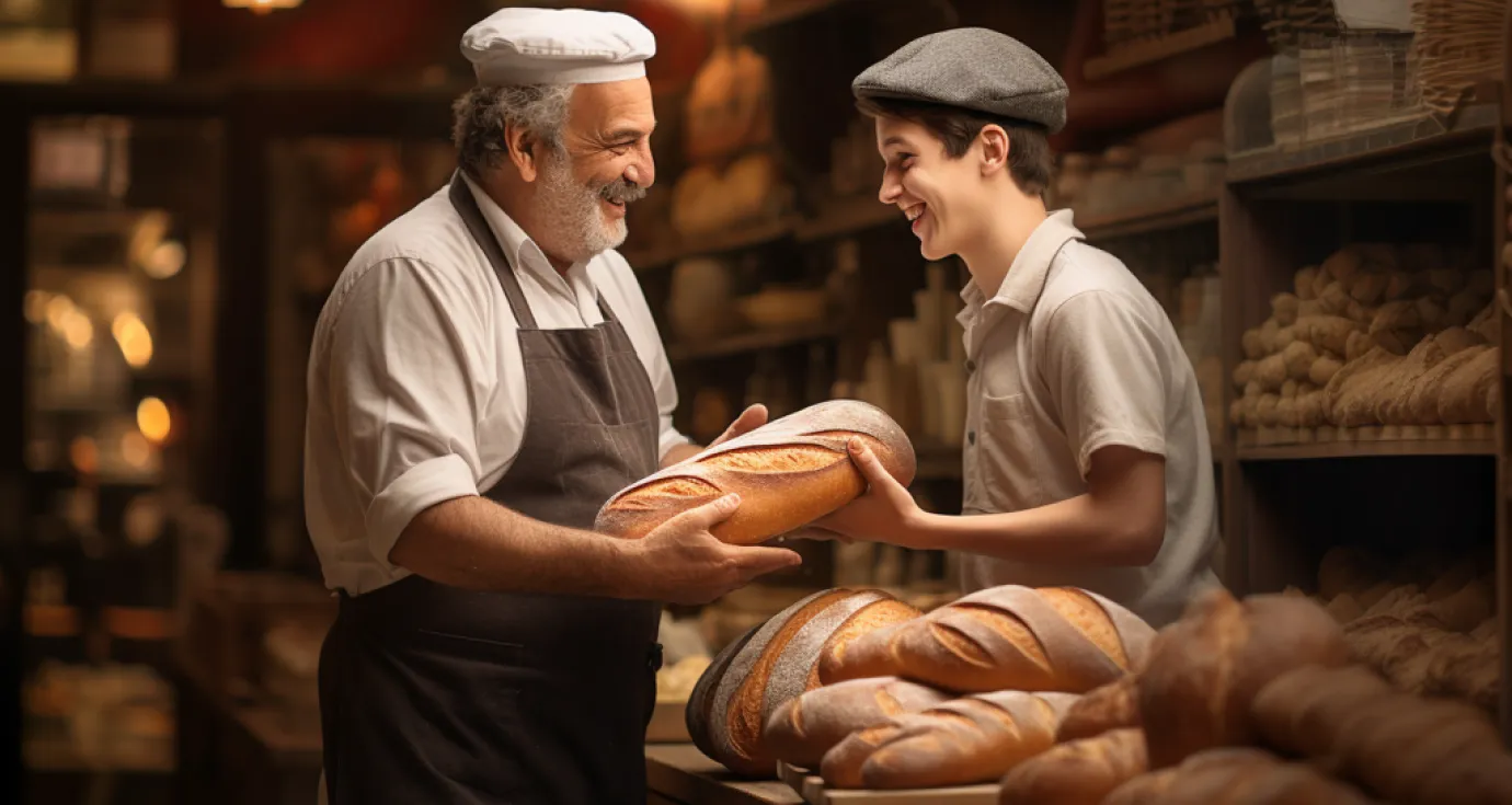 Un boulanger avec son apprenti