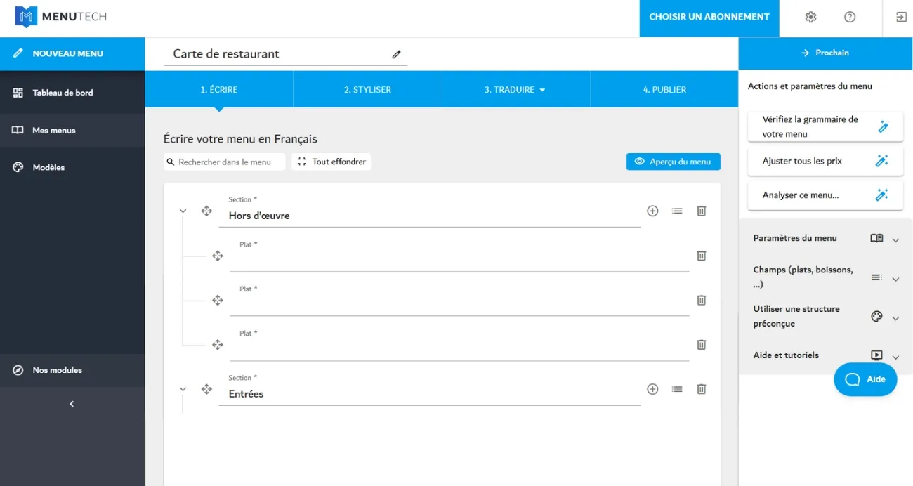 Logiciel de création de carte de menu pour restaurant