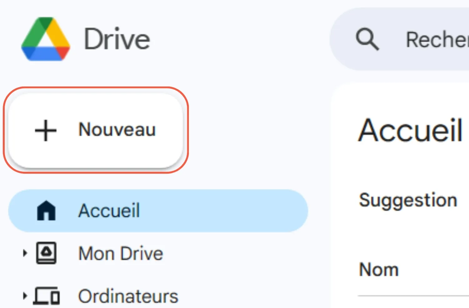 Etape 1 pour importer un fichier sur Google Drive Etape 1 pour importer un fichier sur Google Drive