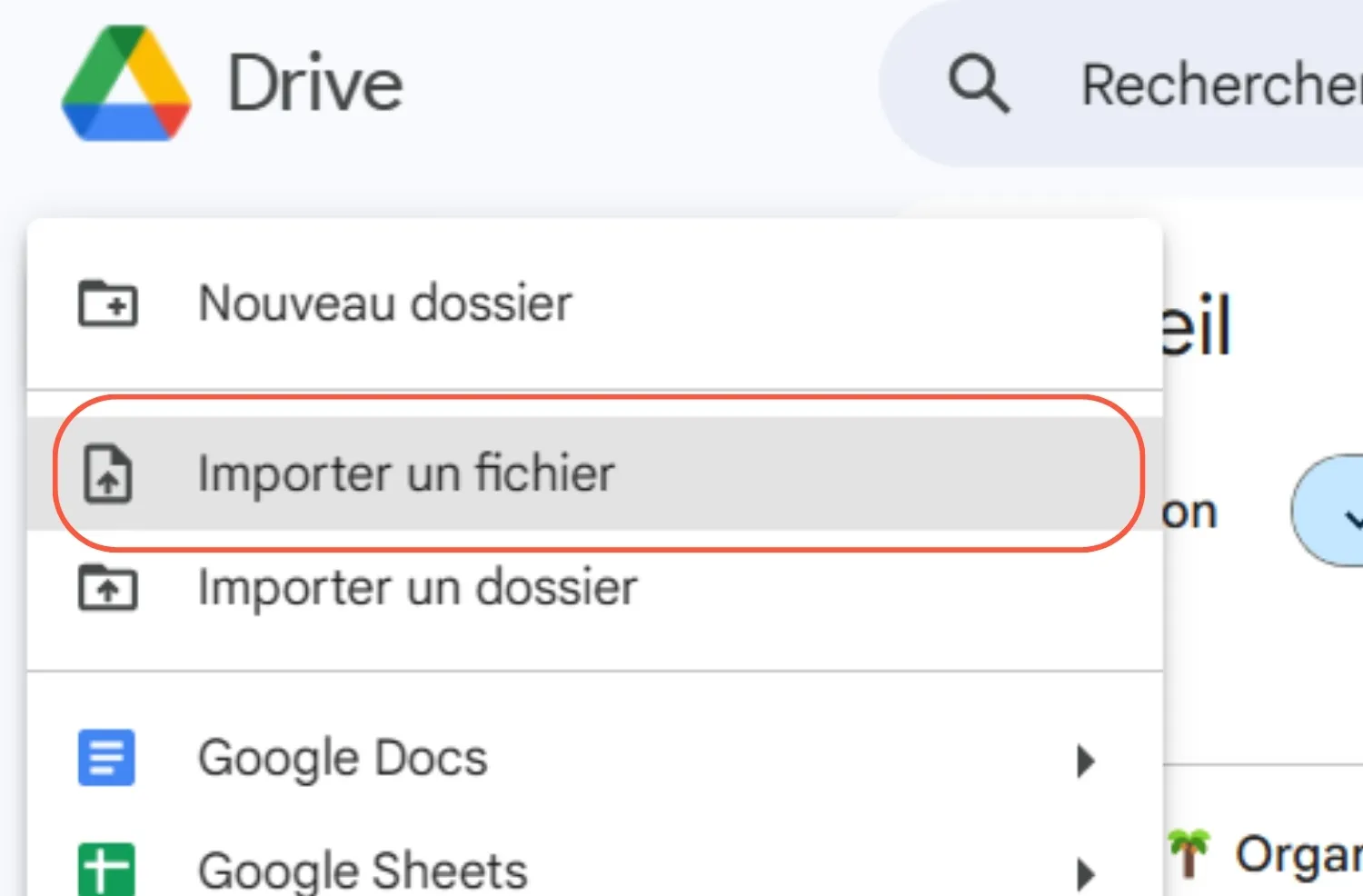 Etape 2 pour importer un fichier sur Google Drive Etape 2 pour importer un fichier sur Google Drive