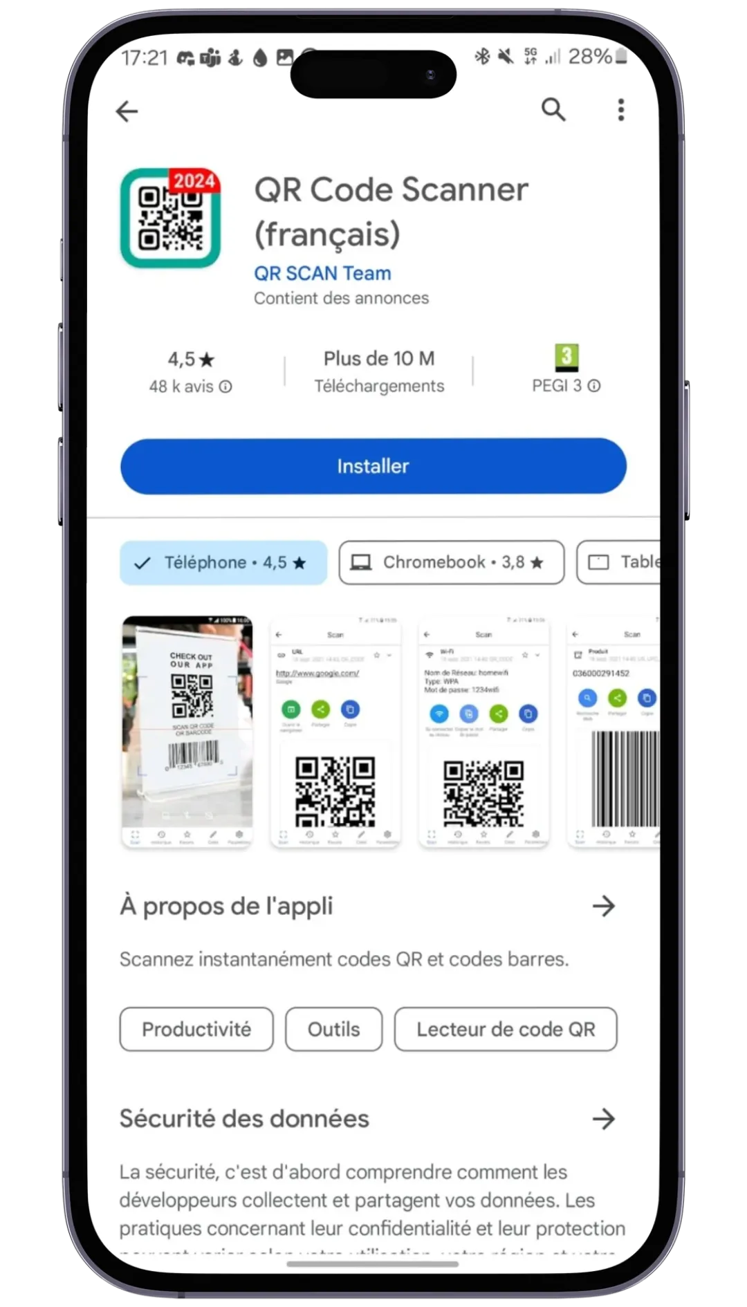 Application QR Code Scanner sur Android Application QR Code Scanner sur Android