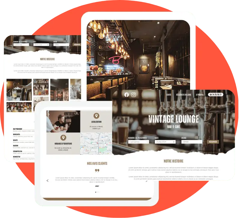 Carte des boissons et informations pratiques accessibles sur un site de bar