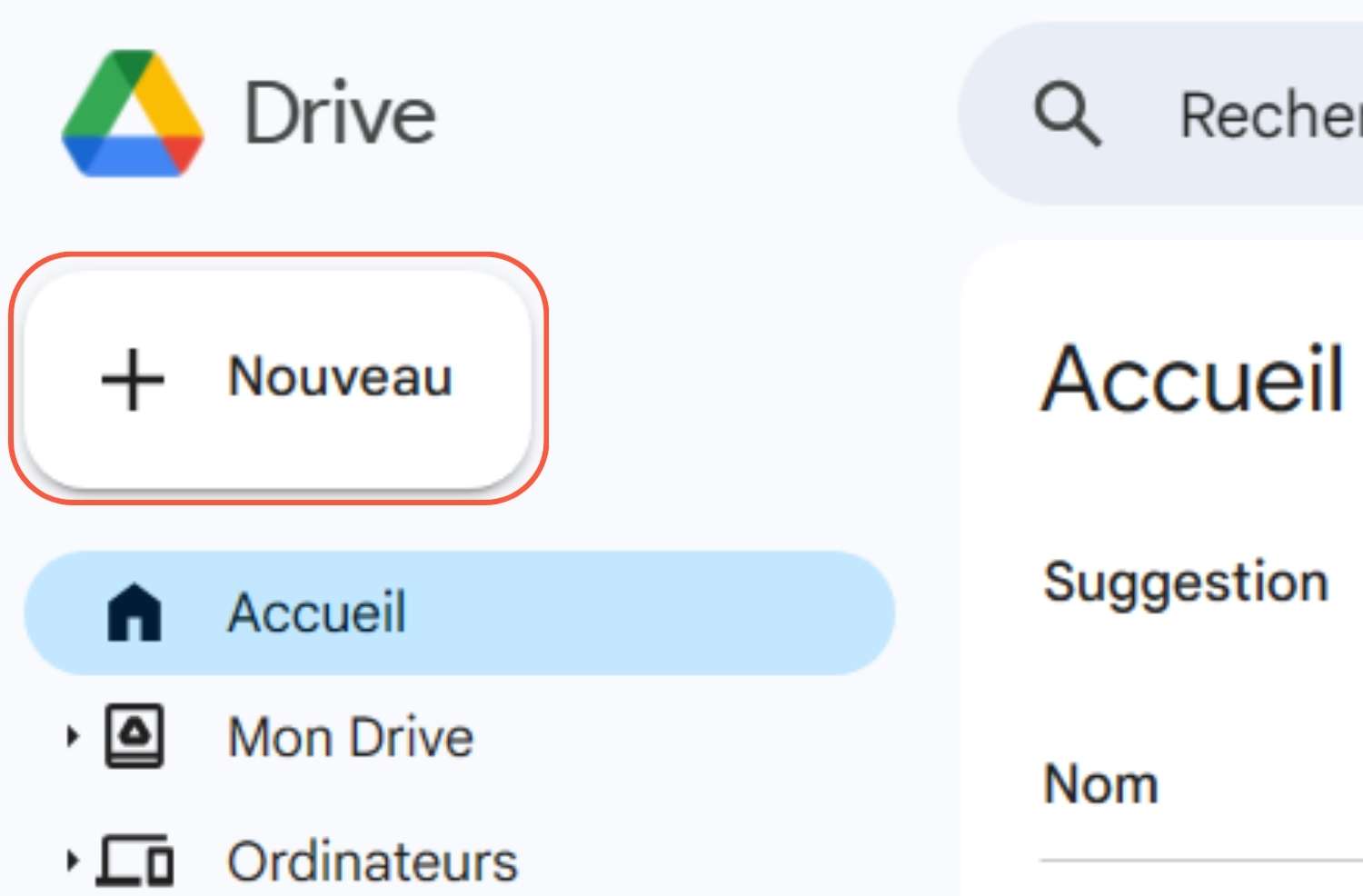Etape 1 pour importer un fichier sur Google Drive Etape 1 pour importer un fichier sur Google Drive