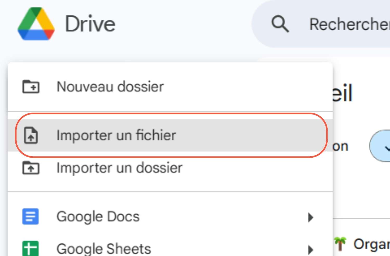 Etape 2 pour importer un fichier sur Google Drive Etape 2 pour importer un fichier sur Google Drive