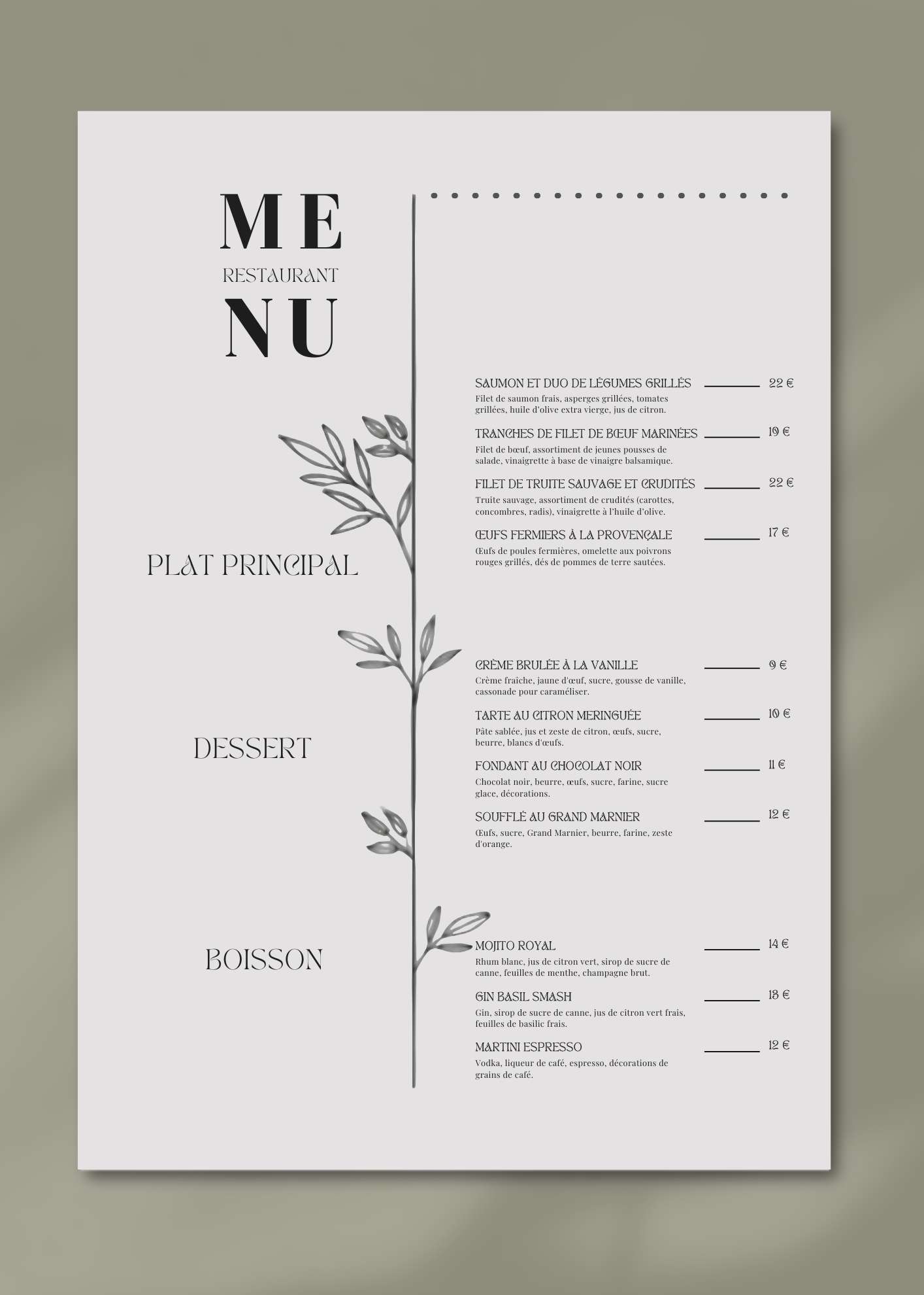 Exemple de menu de restaurant recto au format A4 vertical Exemple de menu de restaurant recto au format A4 vertical