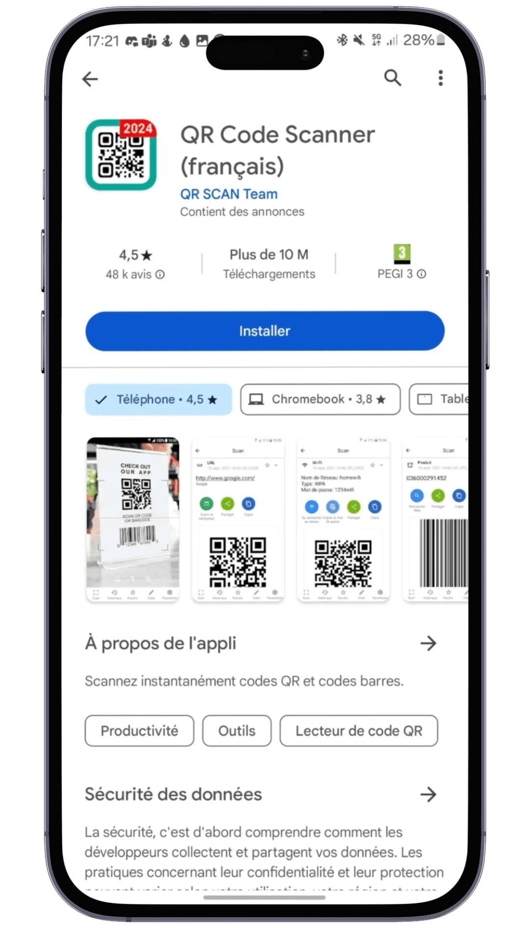 Application QR Code Scanner sur Android Application QR Code Scanner sur Android